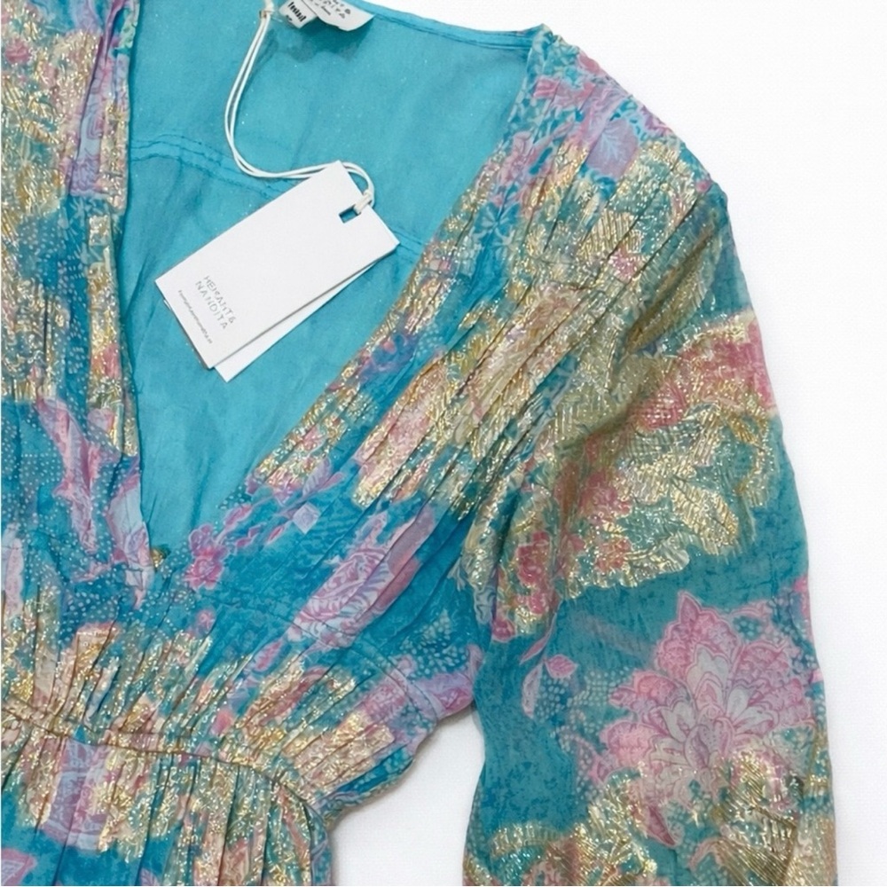 HEMANT & NANDITA Turquoise and Pink Long Sleeve Dress Shimmering Detail - Picture 4 of 4